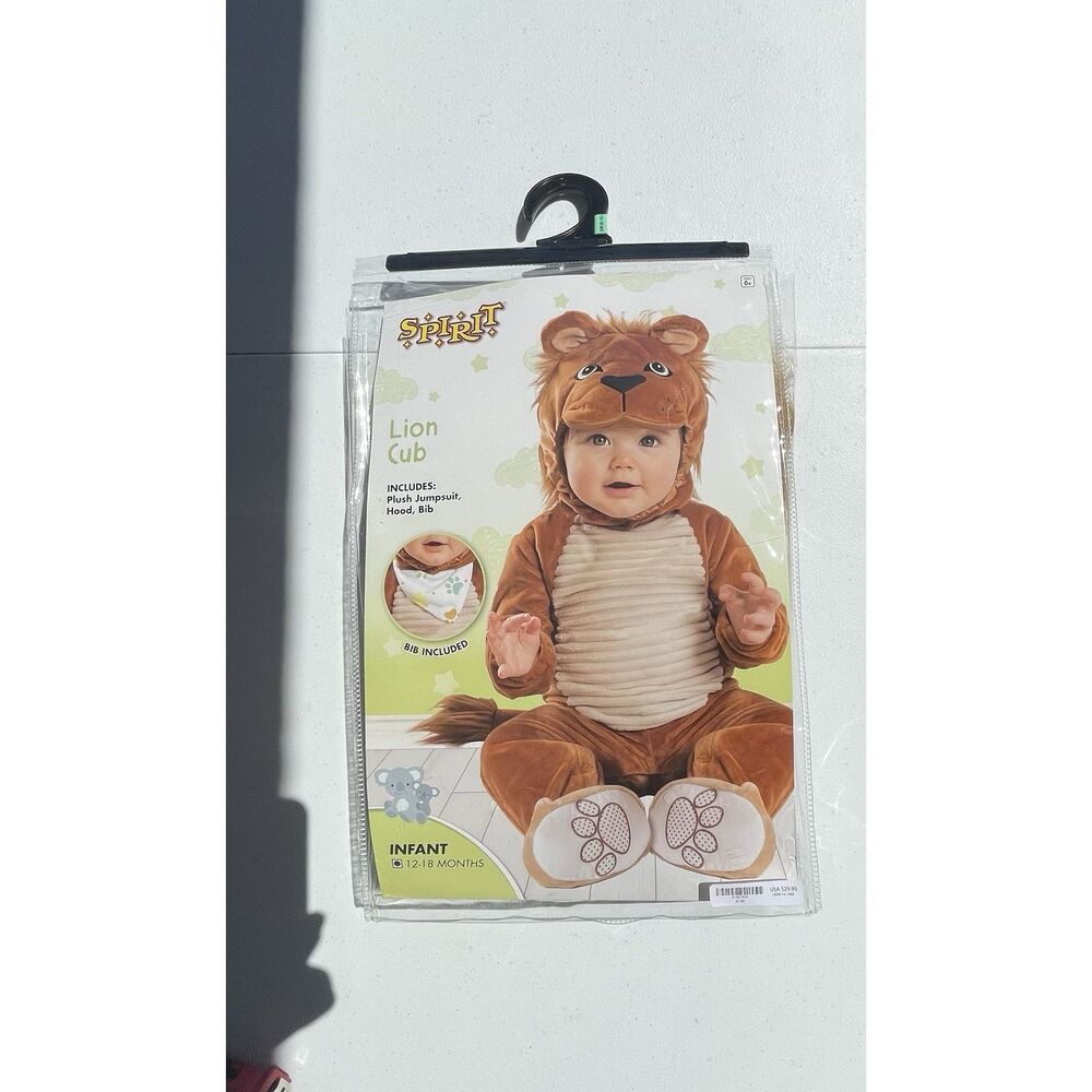 Spirit Halloween Lion Cub Infant Costume Plush Jumpsuit Hood Bib 12-18 Months